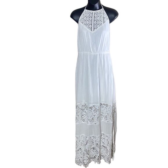 Lulus white halter maxi dress backless gauzy crochet lace cut outs small - Picture 1 of 6